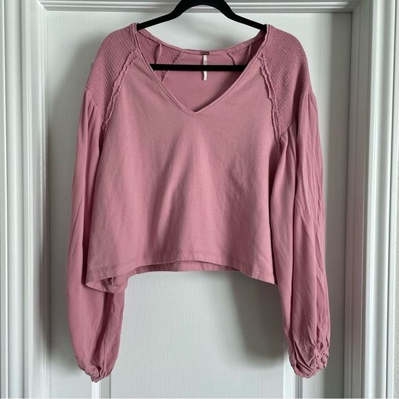 Free People Kathy Smocked Long Sleeve Tee Blush Rose Size M - Picture 4 of 12